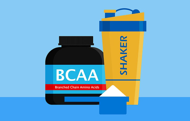 a container of BCAAs, a shaker, and a scoop